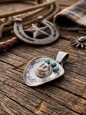 Sterling Silver .925 Running Bear Shop Hallmark Turquoise Cowboy Hat Pendant